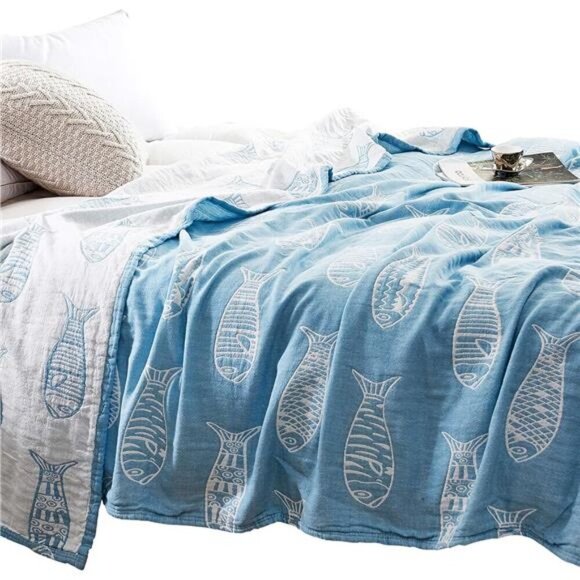 Fish Blue Morden Muslin Lightweight Summer Blanket for Bed Sofa Couch - Picture 1 of 6